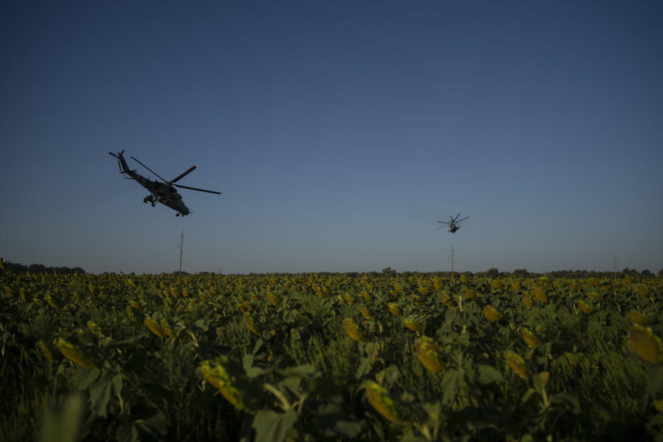 FILE - Ukrainian attack helicopters fly over a sunflower field in eastern Ukraine, Friday, Aug. 18, 2023. Moscow’s army is staging a ferocious push in northeast Ukraine designed to distract Ukrainian forces from their counteroffensive and minimize the number of troops Kyiv is able to send to more important battles in the south. (AP Photo/Bram Janssen)