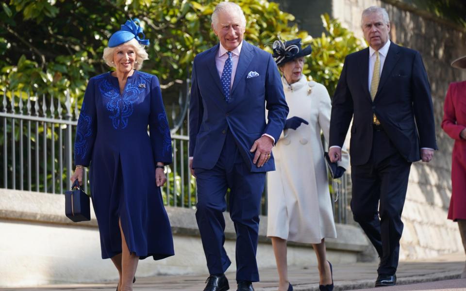 The Queen and the King walk with Prince Andrew and the Princess Royal