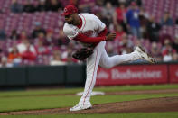 Cincinnati Reds starting pitcher Hunter Greene follows through in the forth inning of a baseball game against the Philadelphia Phillies, Monday, April 22, 2024, in Cincinnati. (AP Photo/Carolyn Kaster)