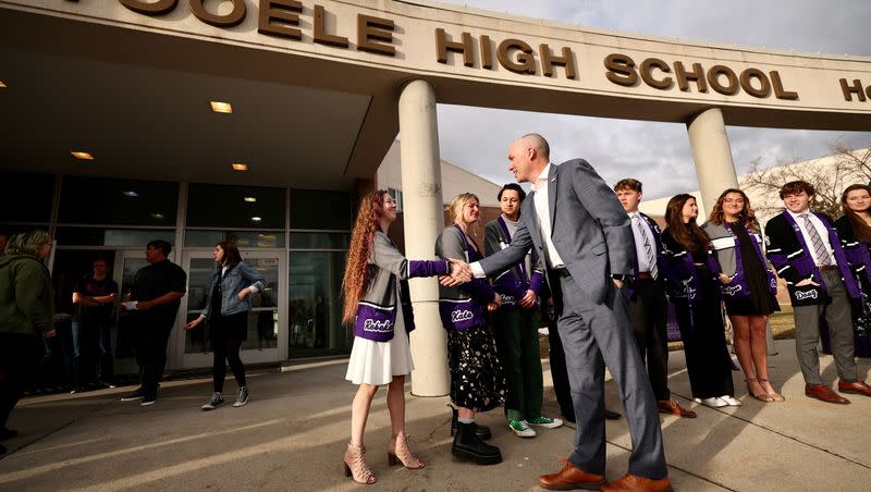 Gov. Spencer Cox arrives and greets the student body officers at Tooele High School as he kicks off his Connecting Utah Tour with the first stop in Tooele Monday, March 20, 2023.