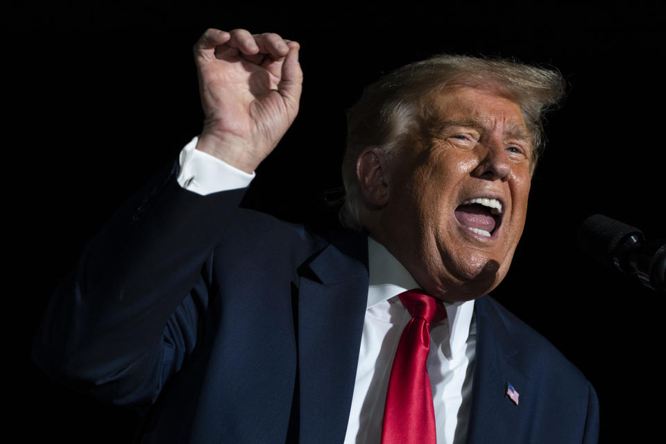 President Donald Trump speaks during a campaign rally at Orlando Sanford International Airport, Monday, Oct. 12, 2020, in Sanford, Fla. (AP Photo/Evan Vucci)