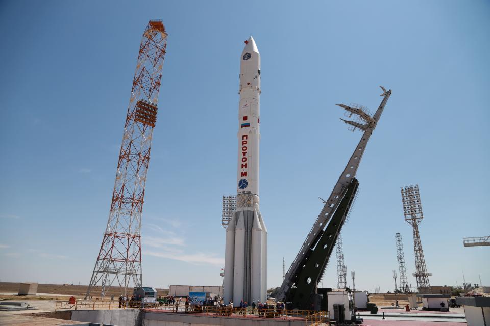 In this photo provided by Roscosmos Space Agency Press Service, A Proton-M booster rocket carrying the Nauka module stands at the launch pad at Russia's space facility in Baikonur, Kazakhstan, Wednesday, July 21, 2021. Russia has successfully launched a long-delayed lab module for the International Space Station. The module is intended to provide more room for scientific experiments and space for the crew. (Roscosmos Space Agency Press Service photo via AP)