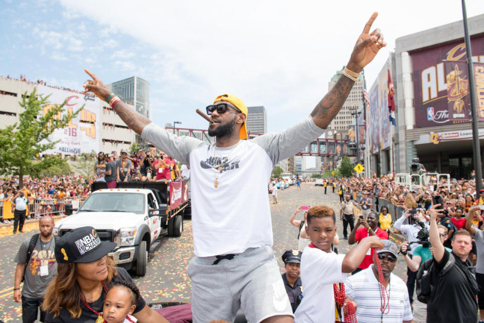 <p>CLEVELAND, OH - JUNE 22: LeBron James #23 of the Cleveland Cavaliers celebrates during the Cleveland Cavaliers 2016 championship victory parade and rally on June 22, 2016 in Cleveland, Ohio. (Photo by Jason Miller/Getty Images) *** BESTPIX ***</p>