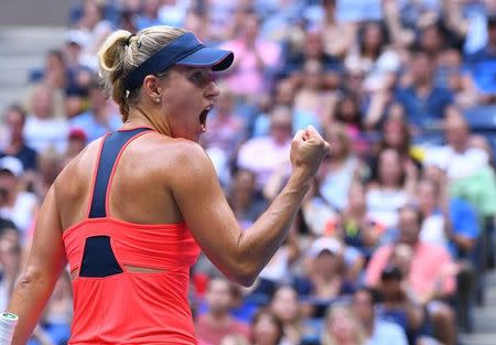 Sept 10, 2016; New York, NY, USA; Angelique Kerber of Germany reacts after winning the 1st set against Karolina Pliskova of the Czech Republic in the women's final on day thirteen of the 2016 U.S. Open tennis tournament at USTA Billie Jean King National Tennis Center. Mandatory Credit: Robert Deutsch-USA TODAY Sports