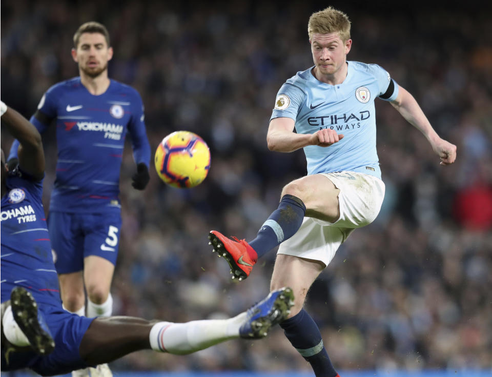 Manchester City's Oleksandr Zinchenko kicks the ball during the English Premier League soccer match between Manchester City and Chelsea at Etihad stadium in Manchester, England, Sunday, Feb. 10, 2019. (AP Photo/Jon Super)