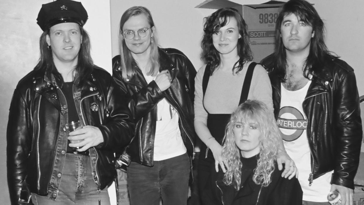  The Pursuit of Happiness (Moe Berg, Chris Abbott, Dave Gilby, Leslie Stanwick, Johnny Sinclair) pose for a portrait at the Fine Line in Minneapolis, Minnesota circa 1989. . 