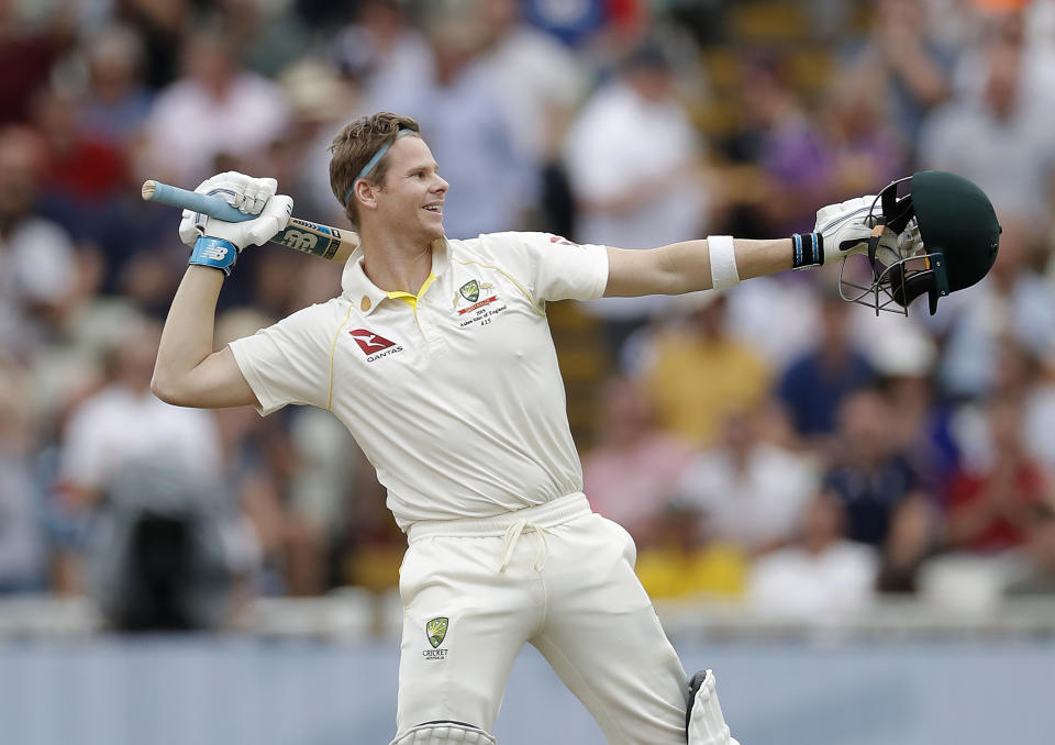 BIRMINGHAM, ENGLAND - AUGUST 04: Steve Smith of Australia celebrates after reaching his century during day four of the 1st Specsavers Ashes Test between England and Australia at Edgbaston on August 04, 2019 in Birmingham, England. (Photo by Ryan Pierse/Getty Images)