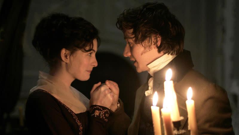 Anne Hathaway, left, is Jane Austen and James McAvoy is Tom Lefroy in “Becoming Jane.”