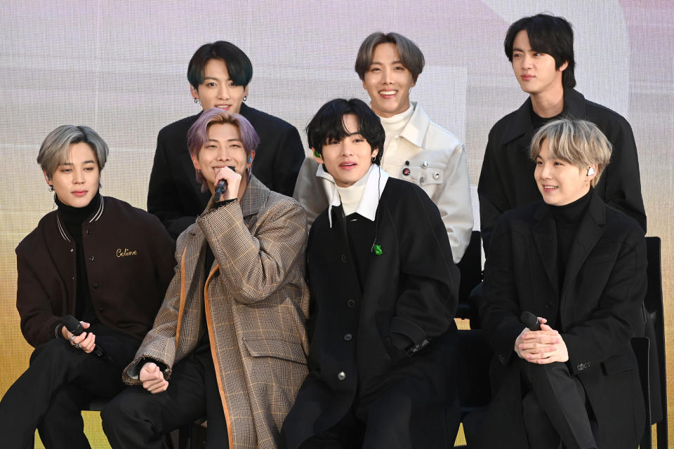 Members of the K-pop band BTS are seen on stage during a live interview on NBC�s morning TODAY show at Rockefeller Plaza in New York, NY, February 21, 2020. (Photo by Anthony Behar/Sipa USA)