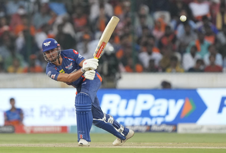 Lucknow Super Giants' Marcus Stoinis plays a shot during the Indian Premier League cricket match between Sunrisers Hyderabad and Lucknow Super Giants in Hyderabad, Saturday, May 13, 2023. (AP Photo/Mahesh Kumar A.)