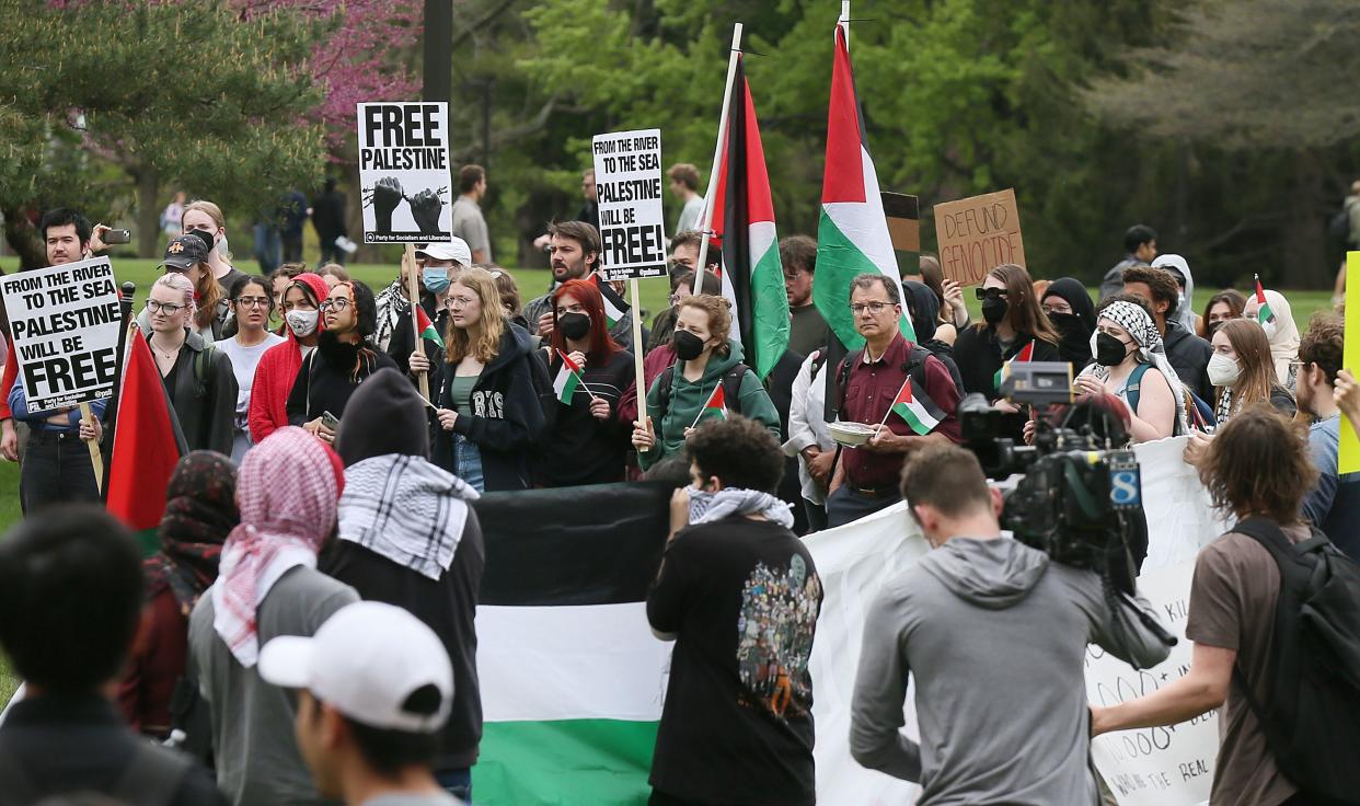Iowa State University students demonstrate in support of Palestinians at the university’s central campus on Wednesday, May 1, 2024, in Ames, Iowa