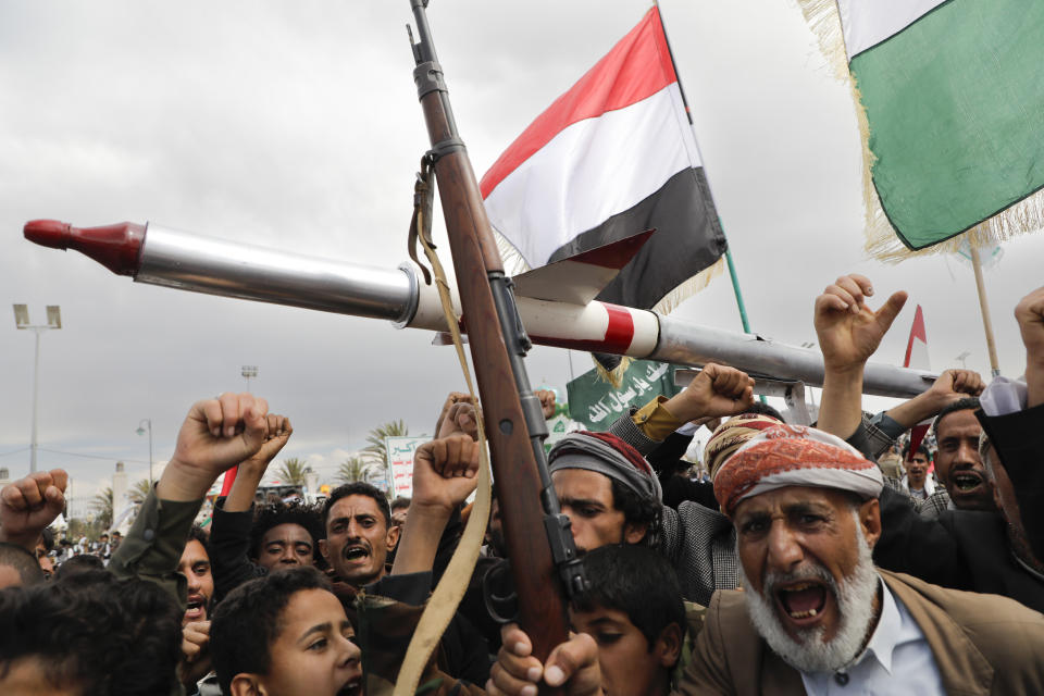 Houthi supporters attend a rally against the U.S. airstrikes on Yemen and the Israeli offensive against the Palestinians in Gaza SAtrip, in Sanaa, Yemen, Friday, March 8, 2024. (AP Photo/Osamah Abdulrahman)