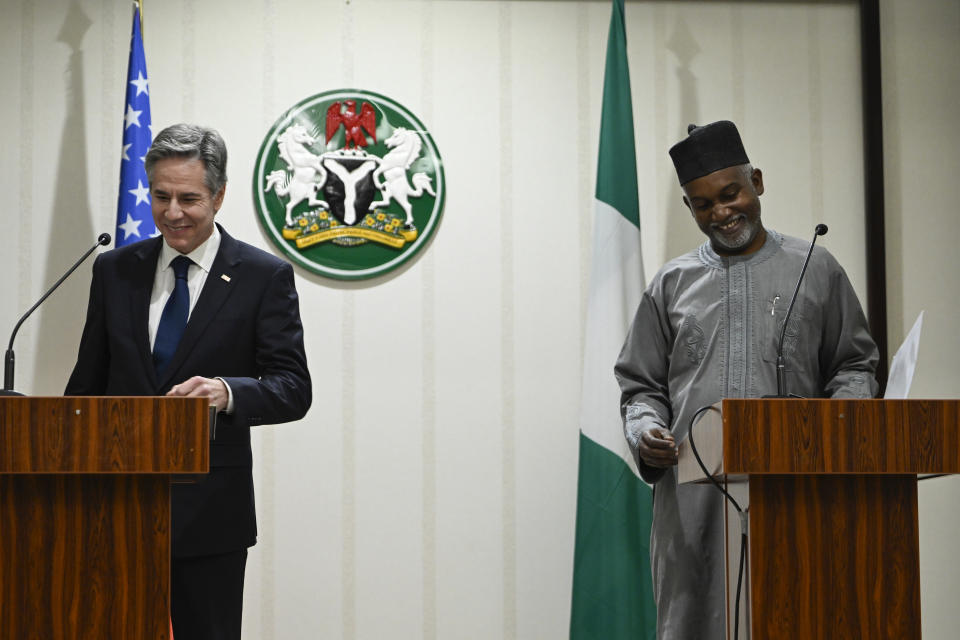 US Secretary of State Antony Blinken, left, attends a press conference with Minister of Foreign Affairs of Nigeria Yusuf Tuggar (R) at the Presidential Villa in Abuja, Tuesday, Jan. 23, 2024. (Andrew Caballero-Reynolds/Pool Photo via AP)