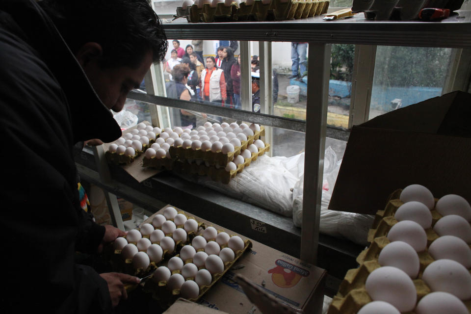 A city worker sells eggs at government subsidized prices as people line up outside the city truck in Mexico City, Friday, Aug. 24, 2012. The Mexican government is battling an egg shortage and hoarding that have caused prices to spike in a country with the highest per-capita egg consumption on earth. About 11 million chickens were slaughtered after a June outbreak of bird flu. (AP Photo/Alexandre Meneghini)