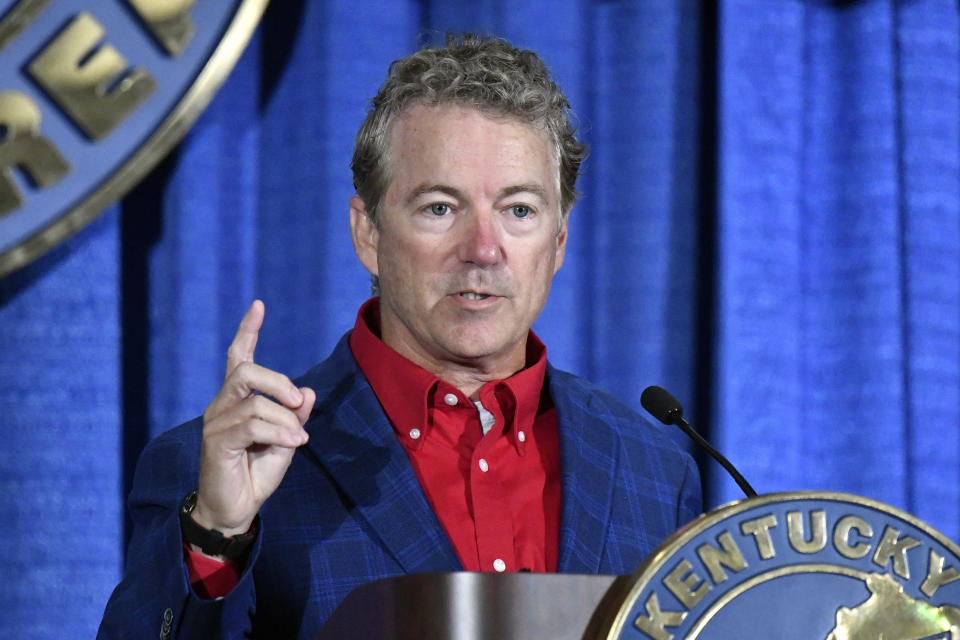 FILE - Republican Sen. Rand Paul, of Ky., addresses the audience at the Kentucky Farm Bureau Ham Breakfast at the Kentucky State Fair in Louisville, Ky., Thursday, Aug. 25, 2022. Democrat Charles Booker railed against Paul as a “barrier” to progress Monday night, Oct. 3 as he made a pitch to Kentucky voters in a solo appearance on statewide television. (AP Photo/Timothy D. Easley, File)