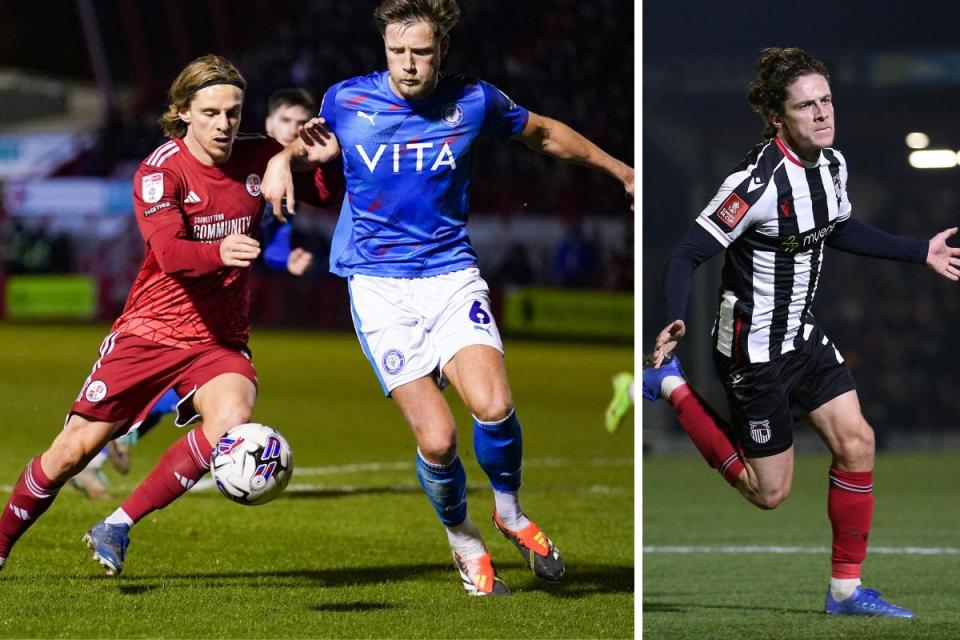 Danilo Orsi in action for Crawley and, right, after scoring for Grimsby against Luton in the FA Cup <i>(Image: PA)</i>