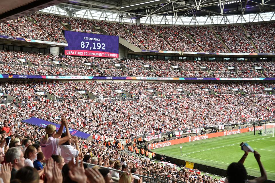 A record crowd attends the Women's Euro 2022 final between England and Germany at London's Wembley Stadium.