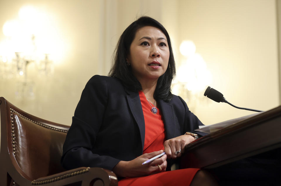 FILE - In this July 27, 2021, file photo Rep. Stephanie Murphy, D-Fla., speaks before the House select committee hearing on the Jan. 6 attack on Capitol Hill in Washington. One side is energized by the prospect of the greatest expansion of government support since the New Deal nearly a century ago. The other is fearful about dramatically expanding Washington's reach at an enormous cost. They are all Democrats, yet are taking vastly different approaches to the the massive $3.5 trillion spending bill moving through Congress. (Chip Somodevilla/Pool via AP, File)