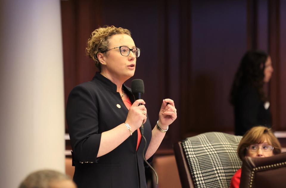 Sen. Erin Grall, R-Ft. Pierce, sponsor of SB 300, a six-week abortion ban, speaks on the Senate floor on Thursday, March 30, 2023. On Monday, Feb. 26, 2024, she opted to sideline a controversial bill that would have allowed lawsuits stemming from the wrongful death of an "unborn child," widely opposed by abortion rights advocates.