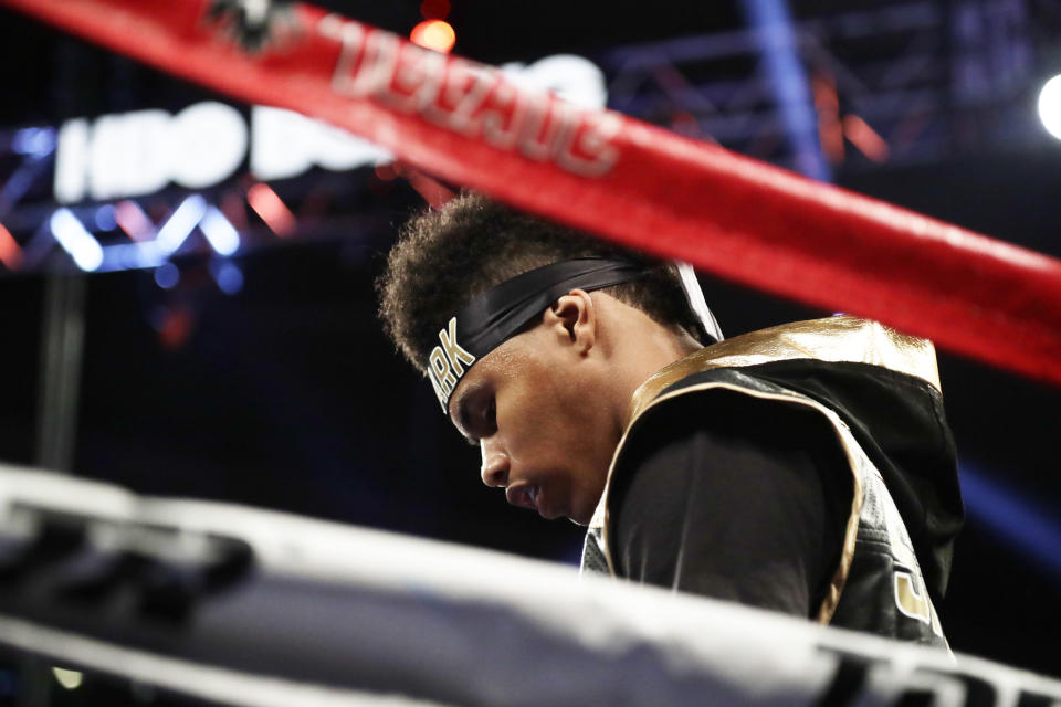 Shakur Stevenson enters the ring before a featherweight boxing match against Carlos Suarez, of Argentina, Saturday, May 20, 2017, in New York. Stevenson stopped Suarez in the first round. (AP Photo/Frank Franklin II)