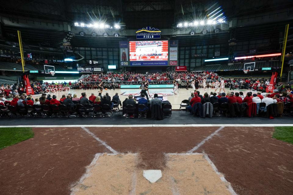 Wisconsin plays Stanford during the first half of an NCAA college basketball game Friday, Nov. 11, 2022, in Milwaukee. The game is being played at American Family Field, home of the Milwaukee Brewers. (AP Photo/Morry Gash)
