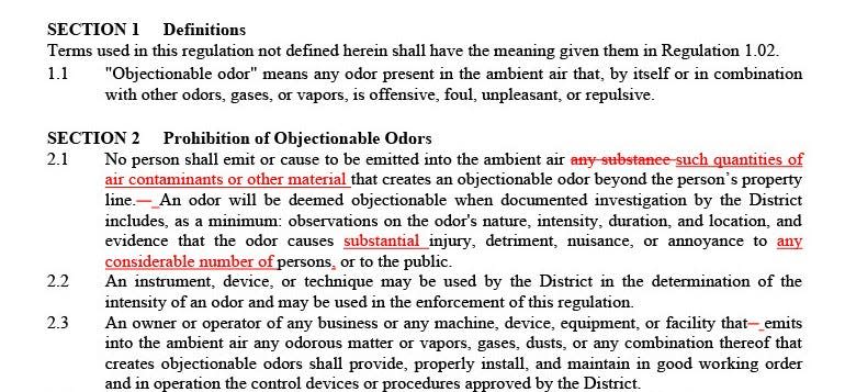 Changes to the Air Pollution Control District's objectionable odor regulations are shown in red.