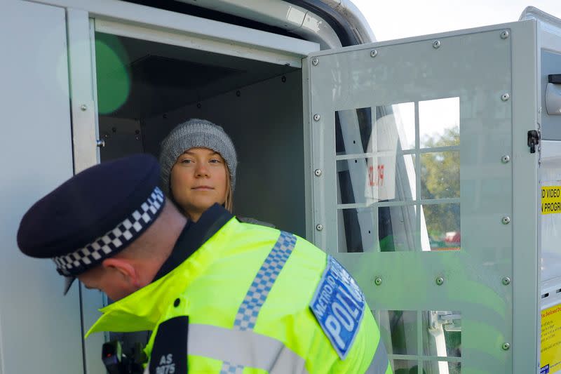 Swedish climate campaigner Greta Thunberg attends an Oily Money Out and Fossil Free London protest in London