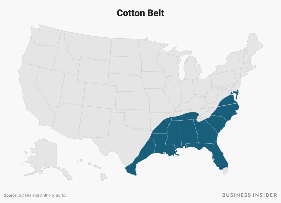 The Cotton Belt region is highlighted in dark blue on a US map.
