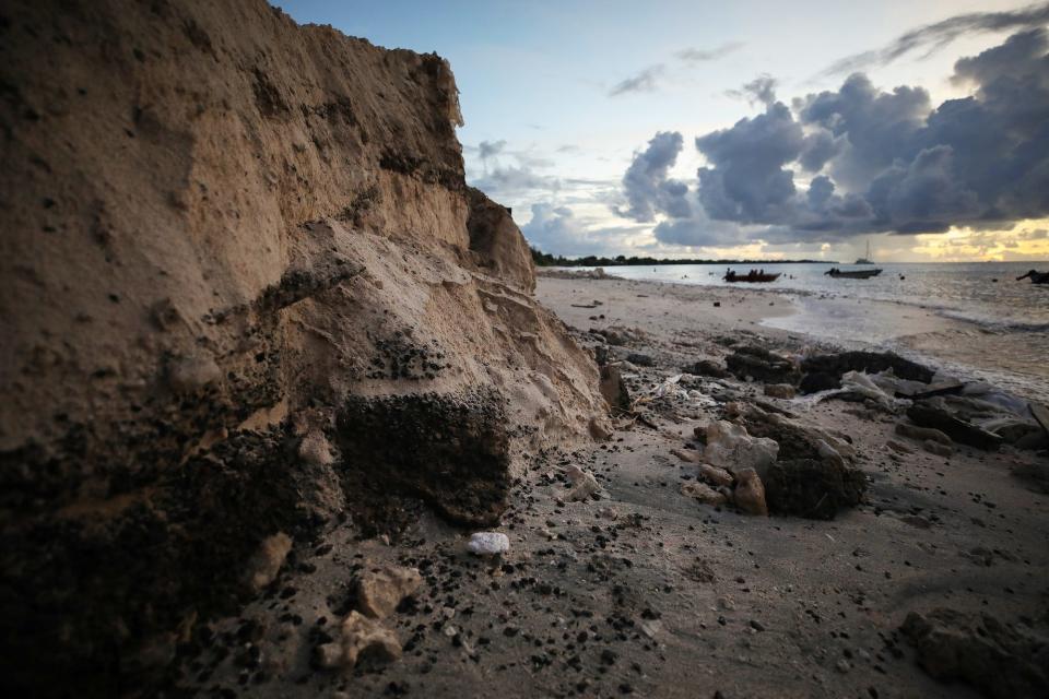 An eroded section of coastline sits next to the lagoon, where a wharf once stood, on November 24, 2019 in Funafuti, Tuvalu.