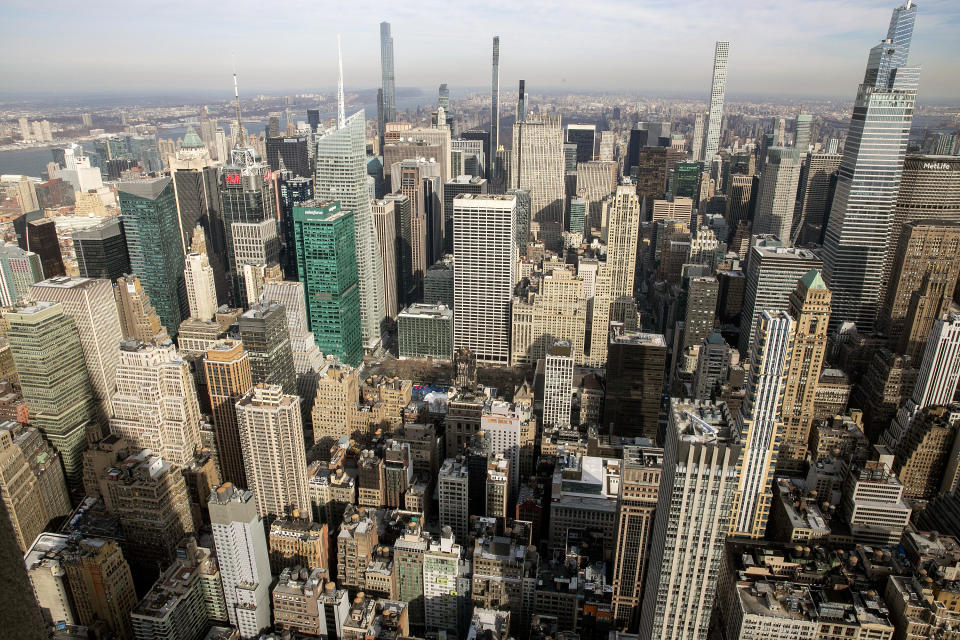 FILE - The Manhattan skyline is seen from the observatory of the Empire State Building in New York City on Wednesday, Jan. 12, 2022. Court of Appeals judges heard arguments in a lawsuit brought by a group of Republican voters challenging the legality of the new district maps, which critics say were drawn to favor Democrats.(AP Photo/Ted Shaffrey, File)