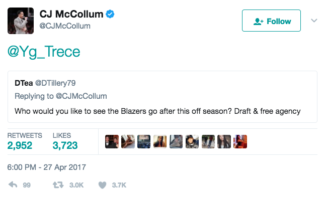 C.J. McCollum is on the Paul George train, too. (Twitter)