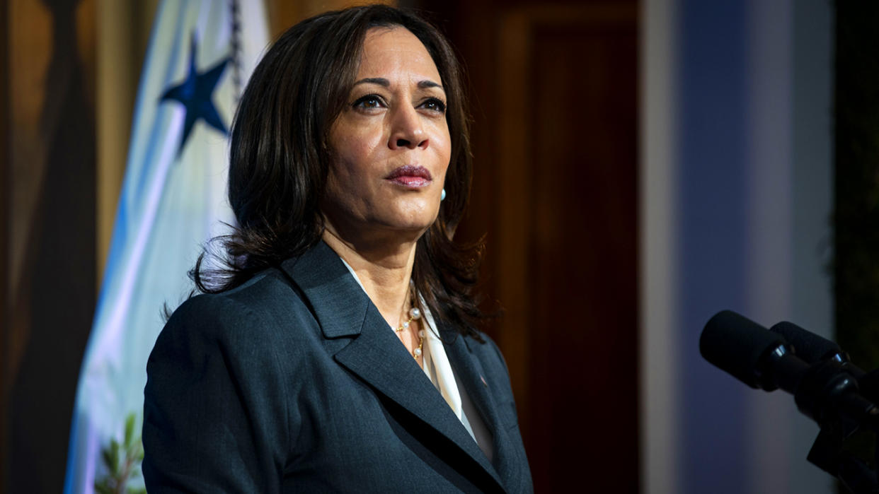 U.S. Vice President Kamala Harris listens during the virtual Leaders Summit on Climate in the East Room of the White House in Washington, D.C., U.S., on Thursday, April 22, 2021. (Al Drago/The New York Times/Bloomberg via Getty Images)