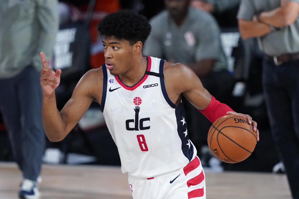 LAKE BUENA VISTA, FLORIDA - AUGUST 11: Rui Hachimura #8 of the Washington Wizards calls for a play during the second half against the Milwaukee Bucks at Visa Athletic Center at ESPN Wide World Of Sports Complex on August 11, 2020 in Lake Buena Vista, Florida. NOTE TO USER: User expressly acknowledges and agrees that, by downloading and or using this photograph, User is consenting to the terms and conditions of the Getty Images License Agreement. (Photo by Ashley Landis - Pool/Getty Images)