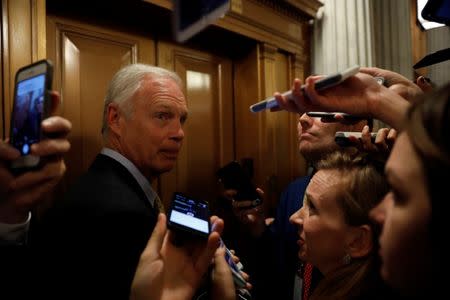 FILE PHOTO: Senator Ron Johnson (R-WI) speaks with reporters after the failure of the "skinny repeal" health care bill on Capitol Hill in Washington, U.S., July 28, 2017. REUTERS/Aaron P. Bernstein