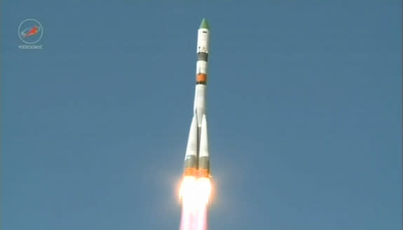 Russia's robotic Progress 59 cargo spacecraft launches toward the International Space Station atop a Soyuz rocket from Baikonur Cosmodrome in Kazakhstan on April 28, 2015.