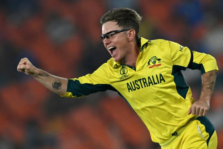 Man of the moment: Australia's Adam Zampa celebrates after taking the wicket of England's Moeen Ali (Money SHARMA)