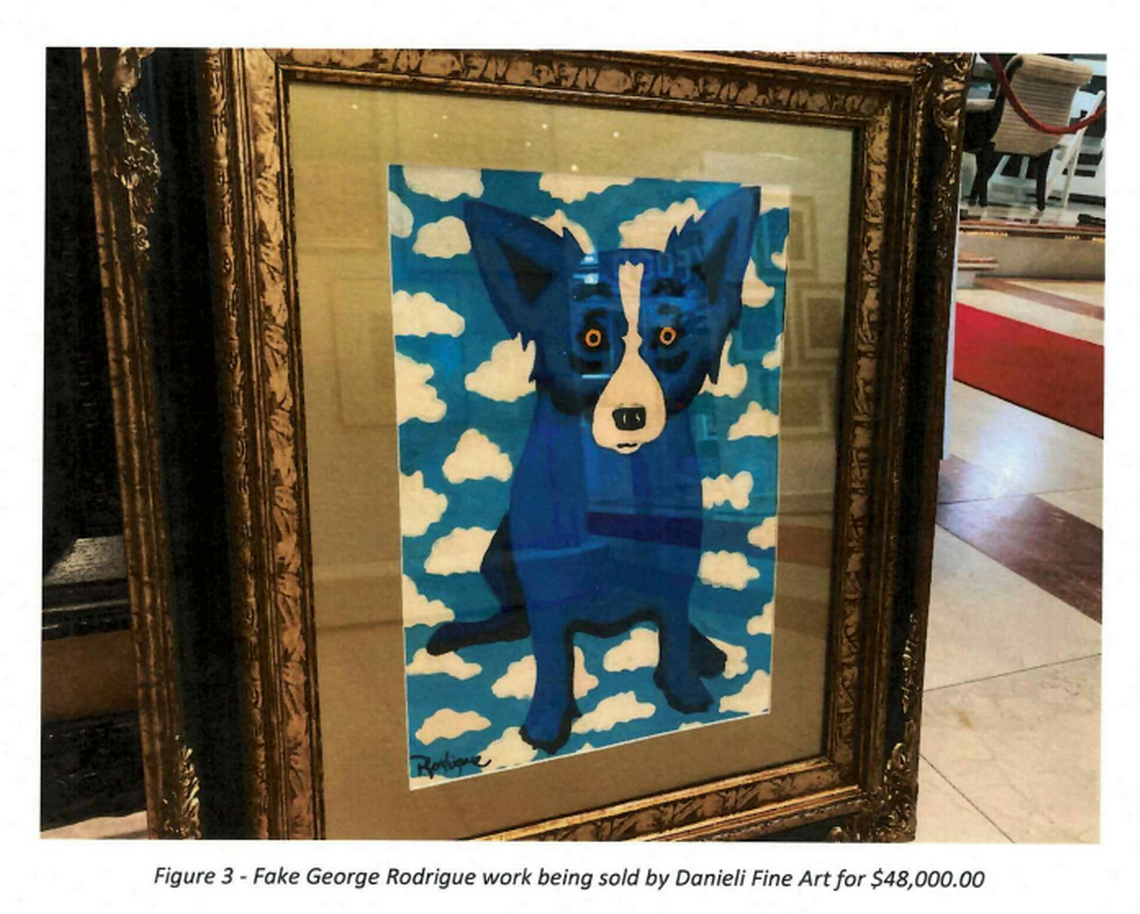 A copy of a George Rodrigue painting. The FBI accused South Florida art dealer Daniel Bouaziz of selling the piece as an original work. A representative at the Rodrigue Studio said the work was faked.