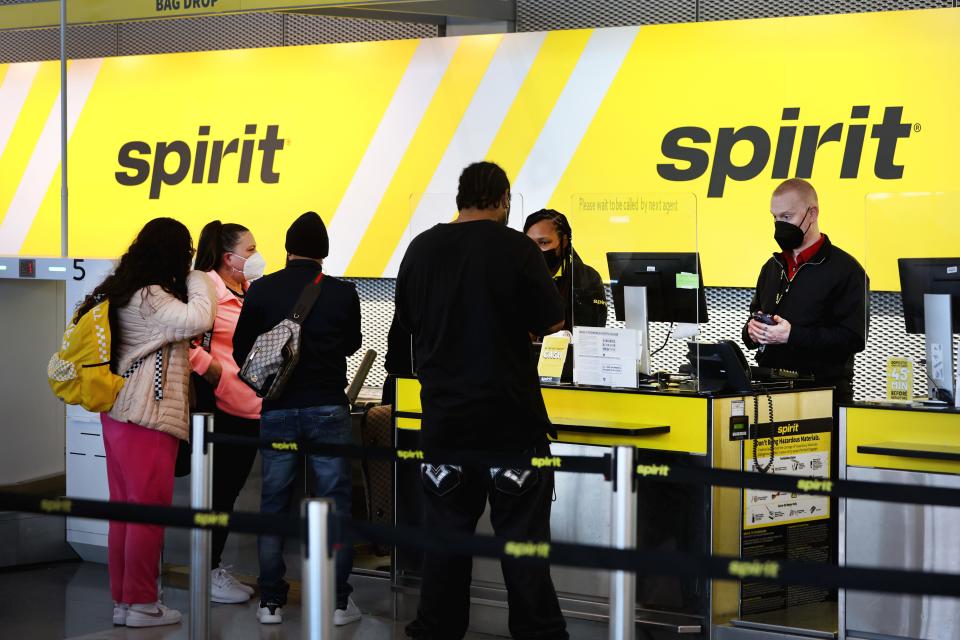 Passengers check-in for flights with Spirit Airlines at O'Hare International Airport on April 6, 2022 in Chicago, Illinois.