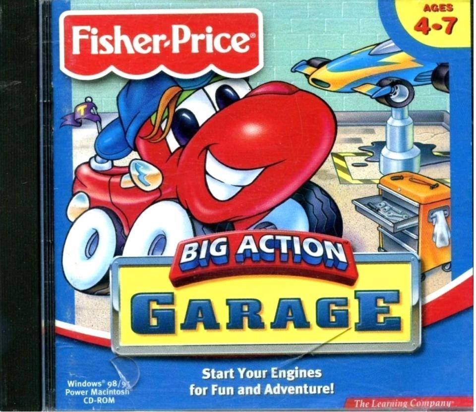 Fisher-Price's "Big Action Garage" video game cover featuring animated characters with a car and tools