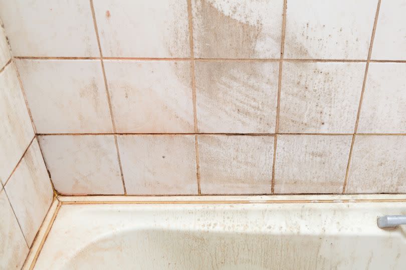 heavily soiled mouldy bathroom tiles and bath