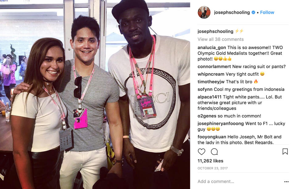 Joseph Schooling poses with Olympic sprinter Usain Bolt and Mikaela Martinez. (Photo: @josephschooling/Instagram)