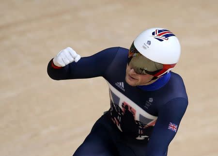 2016 Rio Olympics - Cycling Track - Semifinal - Men's Sprint Semifinals Race - Rio Olympic Velodrome - Rio de Janeiro, Brazil - 13/08/2016. Jason Kenny (GBR) of Britain reacts. REUTERS/Eric Gaillard