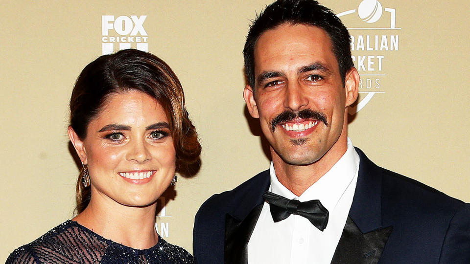 Mitchell Johnson and wife Jessica Bratich Johnson, pictured here at the 2019 Australian Cricket Awards. 