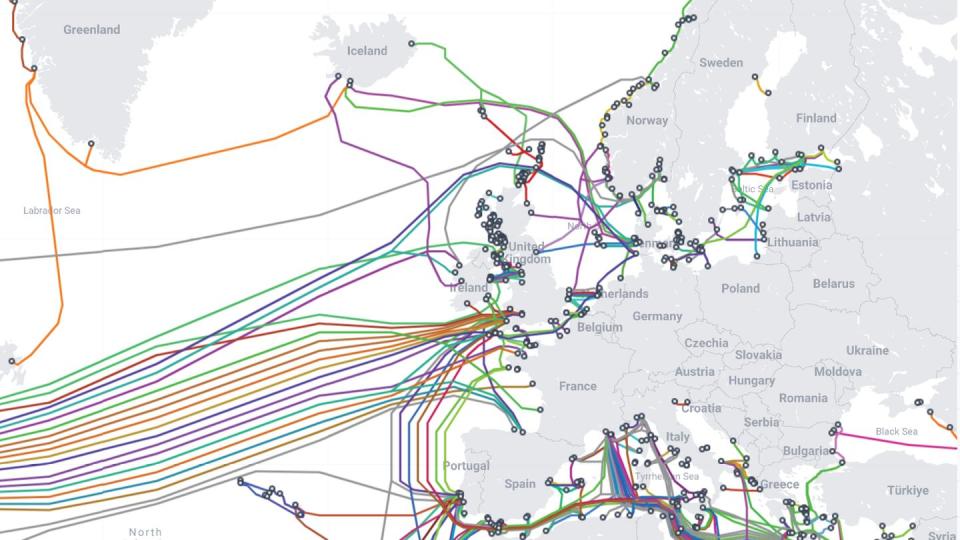 This map, last updated Dec. 12, 2023, shows active and planned subsea cables in the European region. Cable-tracker TeleGeography estimates there were about 870,000 miles of subsea cables in service globally as of early 2023. (TeleGeography via https://www.submarinecablemap.com)