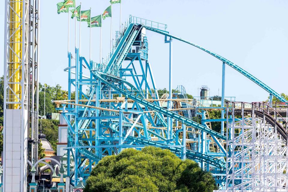 <p>Stefan Jerrevang/TT Via Shutterstock </p> Jetline rollercoaster at Gröna Lund park