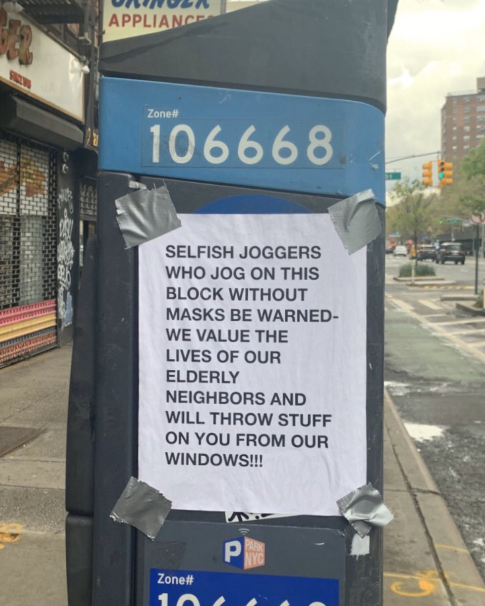 This sign threatening "selfish" joggers is seen on a parking meter. Source: Paul Schwartzman