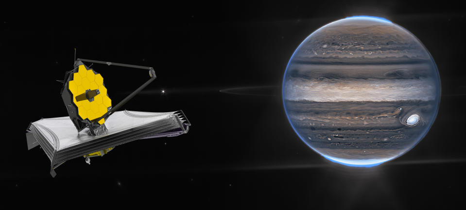 Telescopio Espacial James Webb observando el planeta Júpiter. Ciencia astronómica. Elementos de esta imagen proporcionados por la NASA.https://blogs.nasa.gov/webb/wp-content/uploads/sites/326/2022/08/JWST_2022-07-27_Jupiter_2color.png