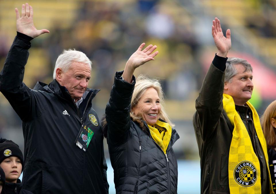 The Columbus Crew SC ownership group (from left) Jimmy Haslam, Dee Haslam, and Peter Edwards kept the team in town and won the 2020 MLS Cup. The Haslams purchased part of the Milwaukee Bucks in 2023.