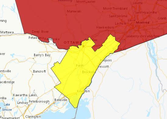 This map shows the weather warnings (red) and watches (yellow) that were in place across eastern Ontario and western Quebec as of 5 p.m. on June 23, 2024.