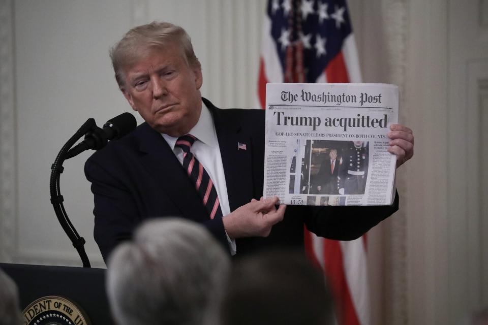 WASHINGTON, DC - FEBRUARY 06: U.S. President Donald Trump speaks at East Room of the White House a day after his Senate impeachment trial acquittal in Washington, United States on February 6, 2020. (Photo by Yasin Ozturk/Anadolu Agency via Getty Images)